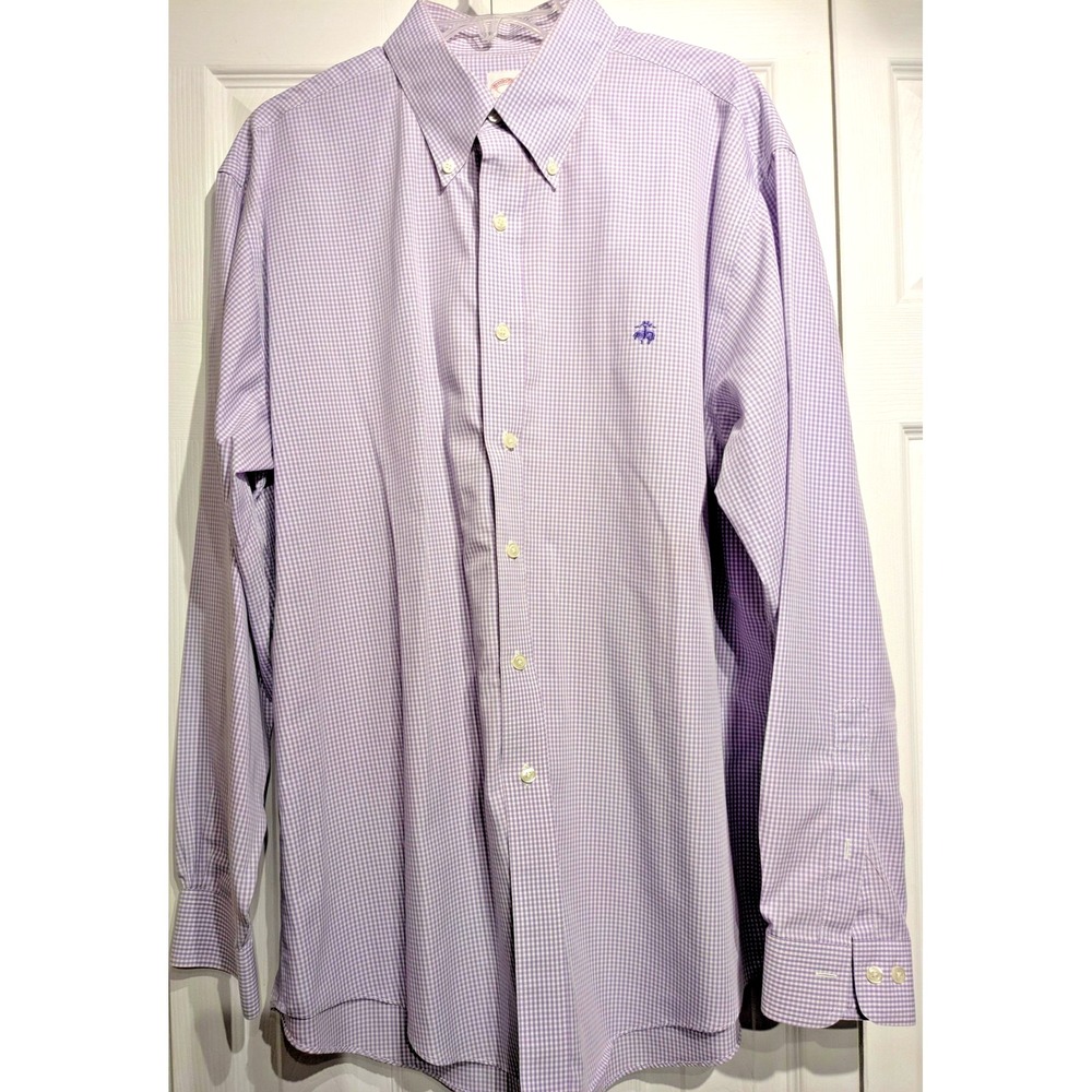 Brooks Brothers 346 Mens L Gingham Check Button Classic Dress Shirt Purple Logo